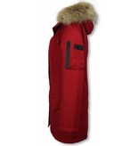 TheBrand Fur Collar Coat - Women's Winter Coat Long - Parka Stitch Bag - Red