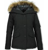 TheBrand Fur Collar Coat - Women's Winter Coat Short - Parka Stitch Bag - Black