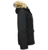 TheBrand Fur Collar Coat - Women's Winter Coat Short - Parka Stitch Bag - Black