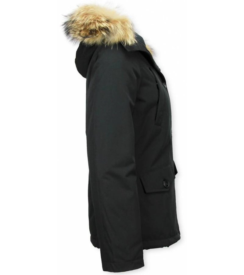 TheBrand Fur Collar Coat - Women's Winter Coat Short - Parka Stitch Bag - Black