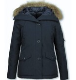 TheBrand Fur Collar Coat - Women's Winter Coat Short - Parka Stitch Bag - Blue