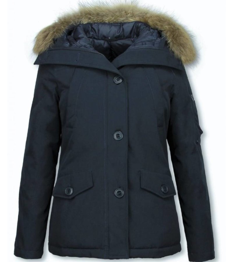 TheBrand Fur Collar Coat - Women's Winter Coat Short - Parka Stitch Bag - Blue