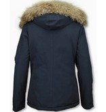 TheBrand Fur Collar Coat - Women's Winter Coat Short - Parka Stitch Bag - Blue