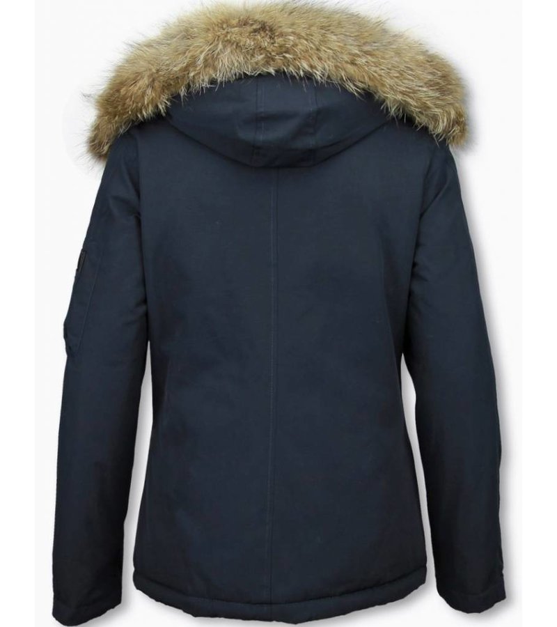 TheBrand Fur Collar Coat - Women's Winter Coat Short - Parka Stitch Bag - Blue