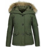 TheBrand Fur Collar Coat - Women's Winter Coat Short - Parka Stitch Bag - Green