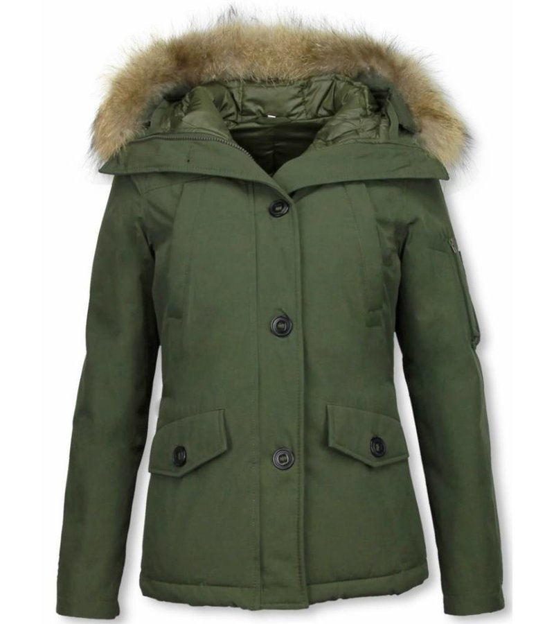 TheBrand Fur Collar Coat - Women's Winter Coat Short - Parka Stitch Bag - Green