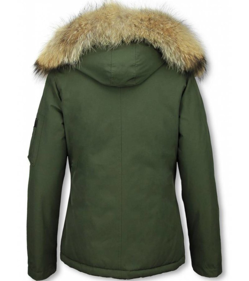 TheBrand Fur Collar Coat - Women's Winter Coat Short - Parka Stitch Bag - Green