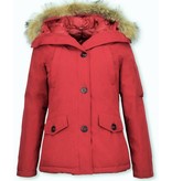 TheBrand Fur Collar Coat - Women's Winter Coat Short - Parka Stitch Bag - Red