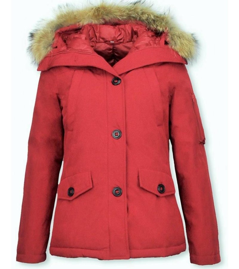 TheBrand Fur Collar Coat - Women's Winter Coat Short - Parka Stitch Bag - Red