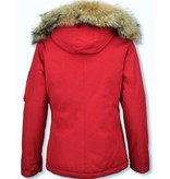 TheBrand Fur Collar Coat - Women's Winter Coat Short - Parka Stitch Bag - Red