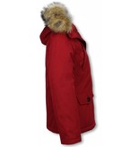 TheBrand Fur Collar Coat - Women's Winter Coat Short - Parka Stitch Bag - Red