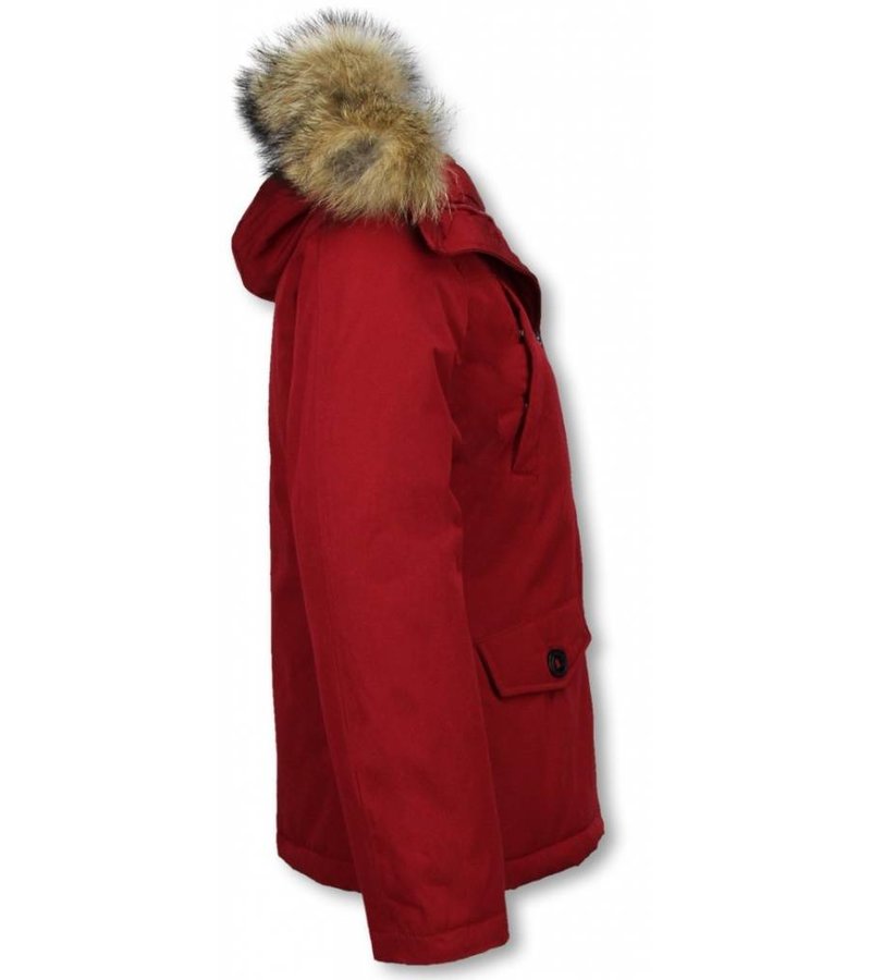 TheBrand Fur Collar Coat - Women's Winter Coat Short - Parka Stitch Bag - Red