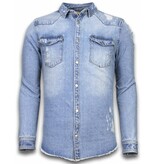 Enos Denim Shirt - Slim Fit Damaged Sleeves - Blue