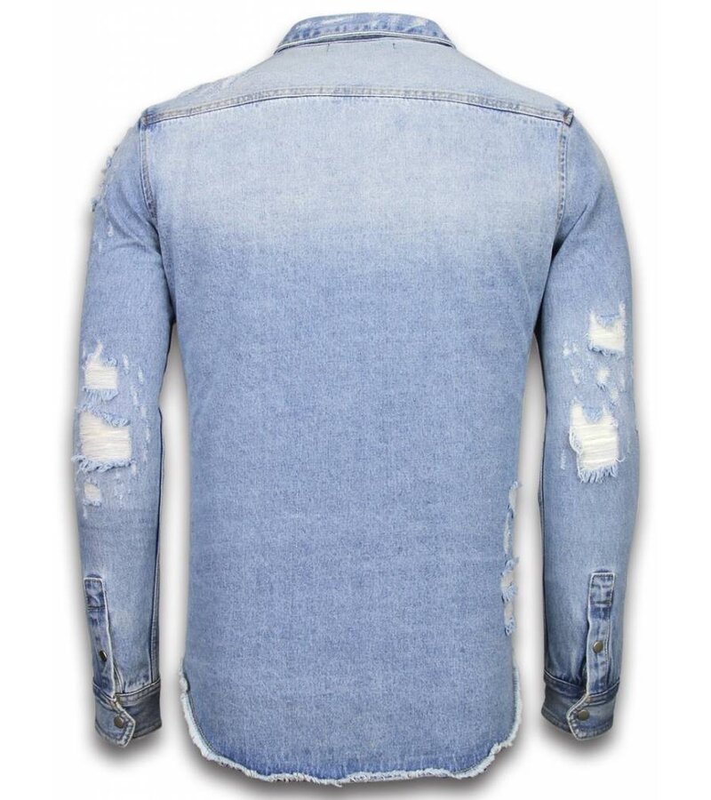 Enos Denim Shirt - Slim Fit Damaged Sleeves - Blue