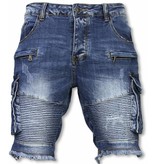 Enos Multi Pocket Biker Denim Shorts - Blue