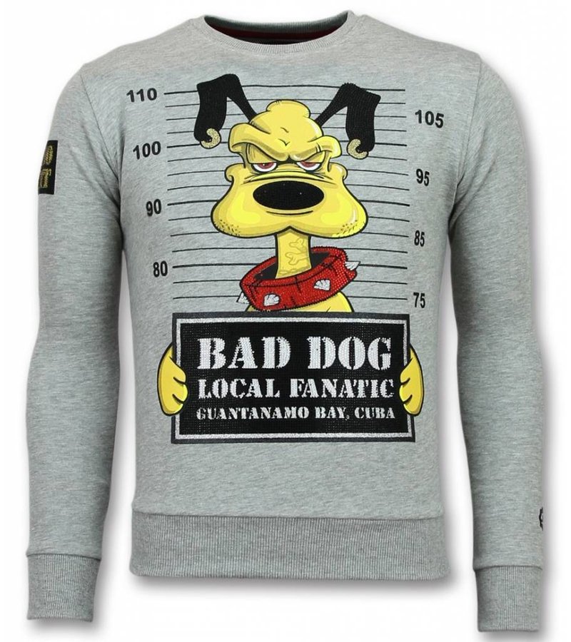 Local Fanatic Bad Dog Sweater Rhinestone Print - Grey