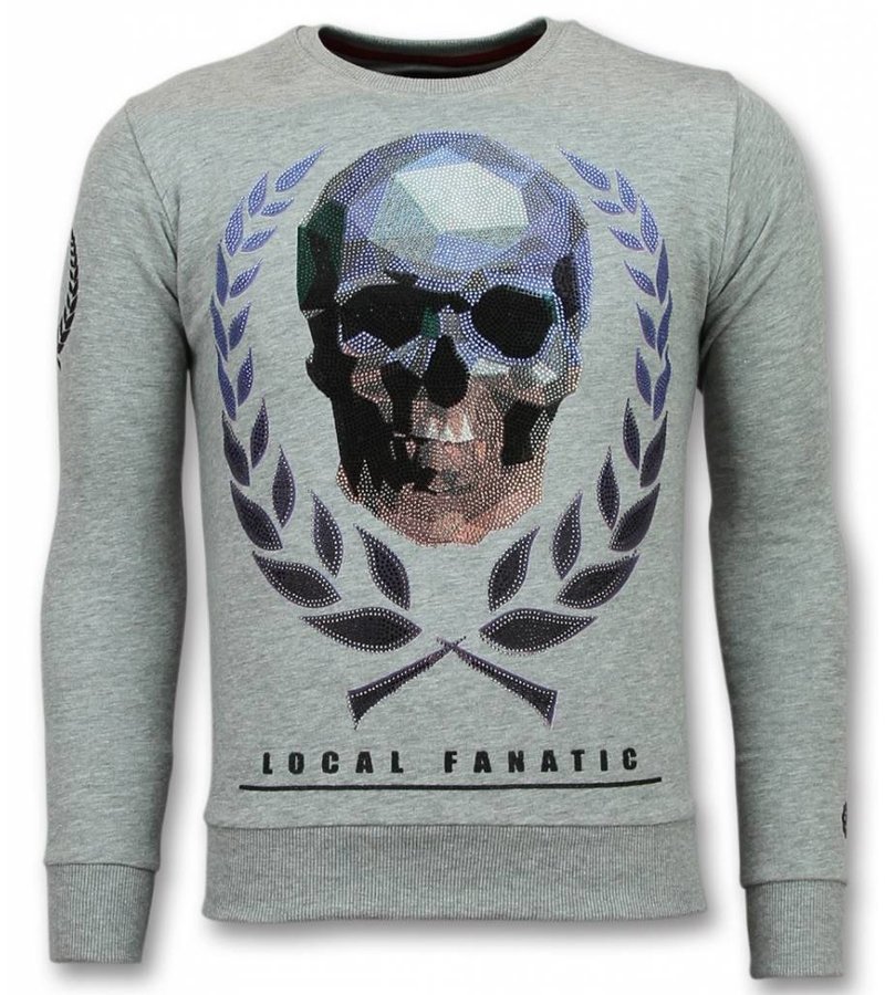 Local Fanatic Rhinestone Skull Men Sweater - Grey
