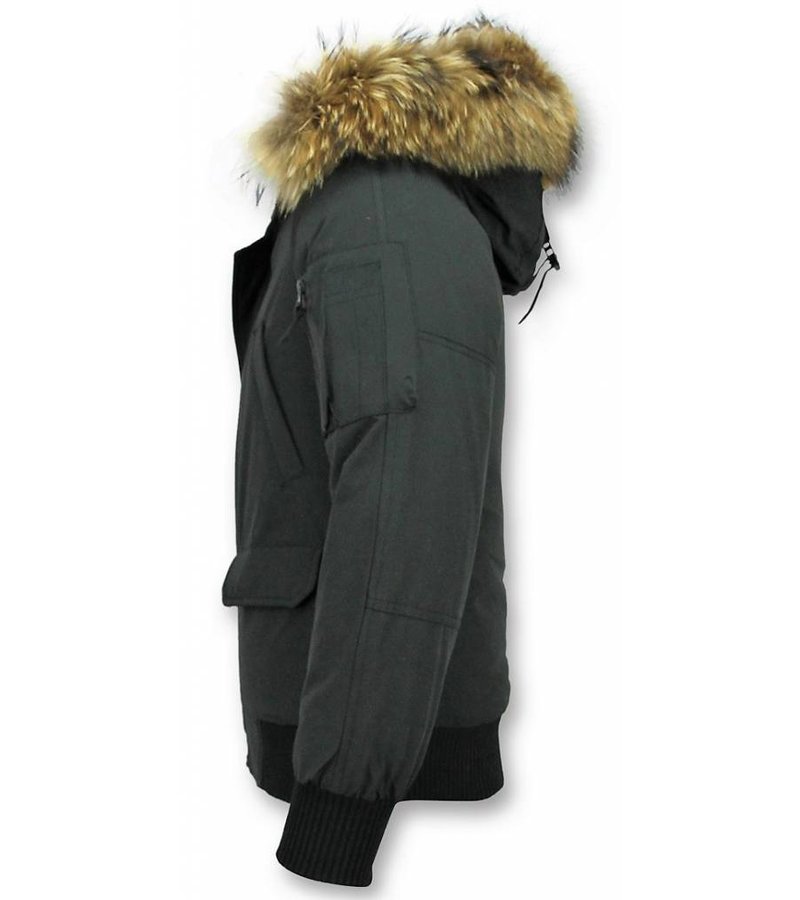 Enos Short Winter Jacket Real Fur Collar - Black