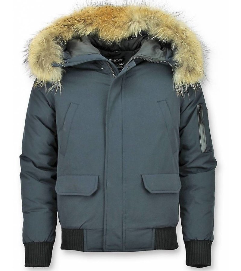 Enos Short Winter Jacket Real Fur Collar - Blue