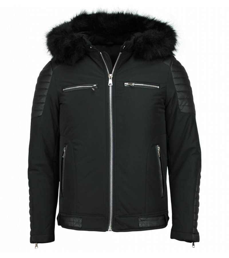 Enos Padded Leather Arm Winter Coat - Black