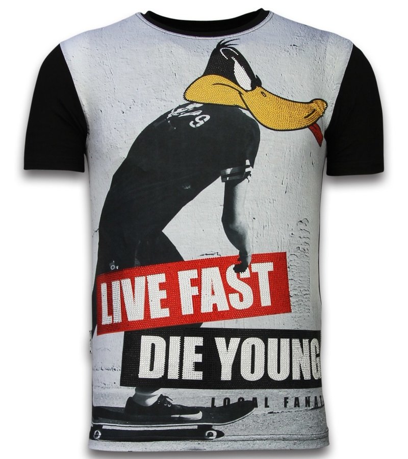 Local Fanatic Duck Live Fast - Digital Rhinestone T-shirt - Black