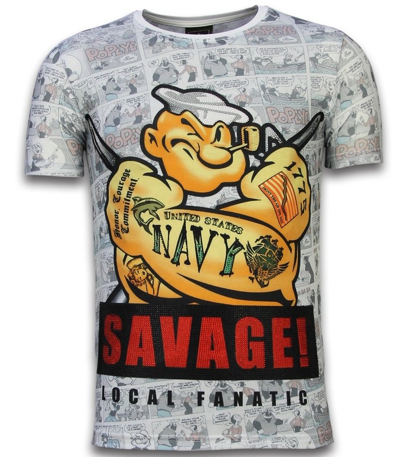 Local Fanatic Popeye Savage - Digital Rhinestone T-shirt - White