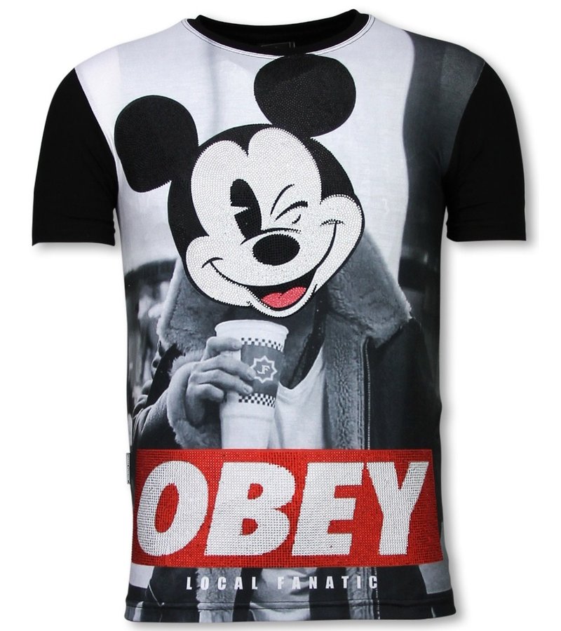 Local Fanatic Obey Mouse  - Digital Rhinestone T-shirt - Black