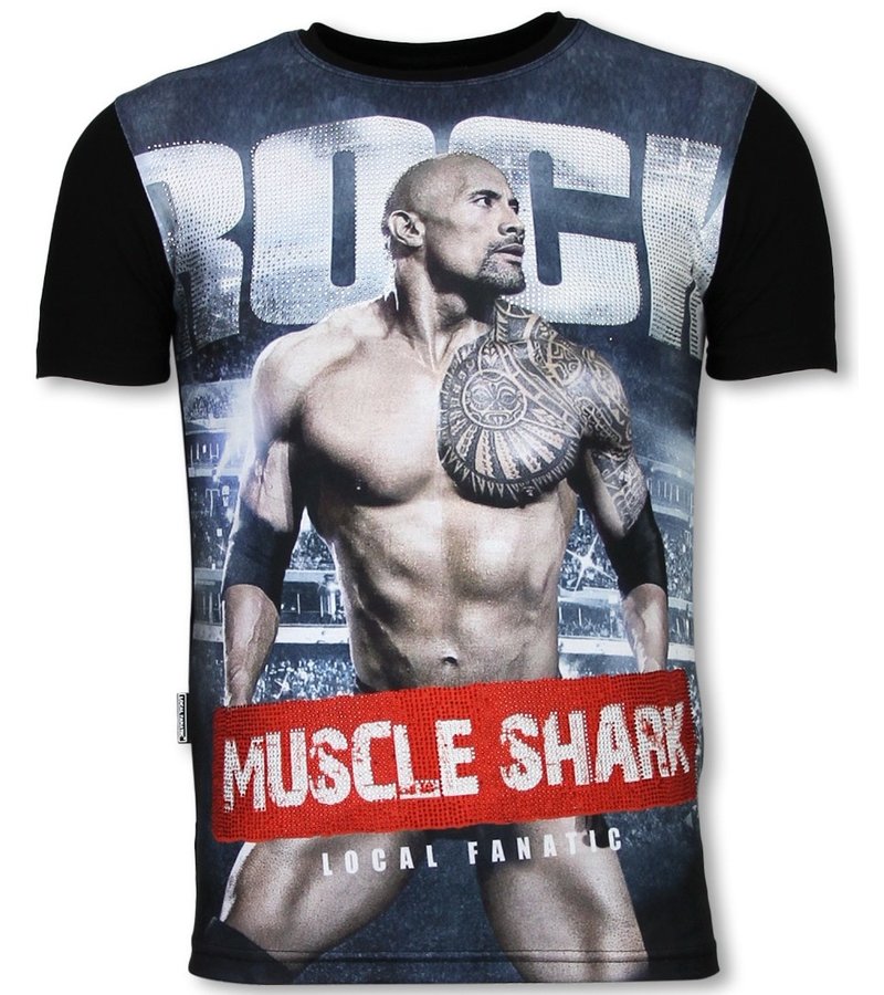 Local Fanatic Muscle Shark Rock - Digital Rhinestone T-shirt - Black
