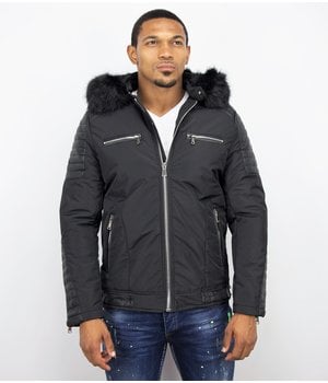 Enos Padded Leather Arm Winter Coat - Black