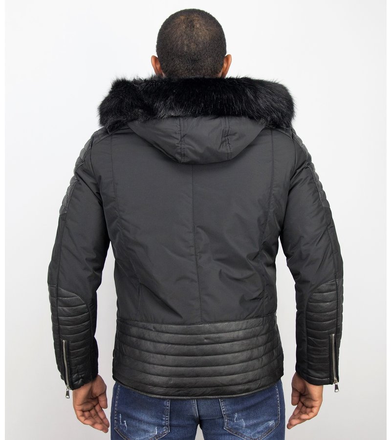 Enos Padded Leather Arm Winter Coat - Black