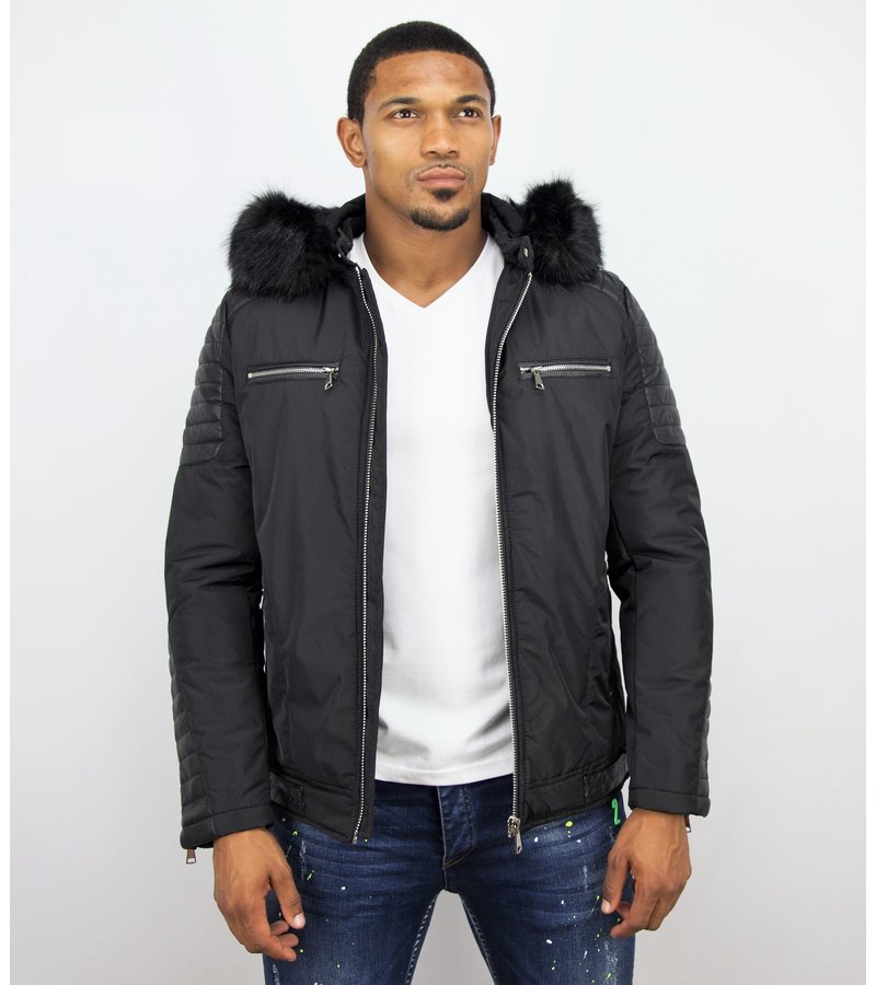 Enos Padded Leather Arm Winter Coat - Black