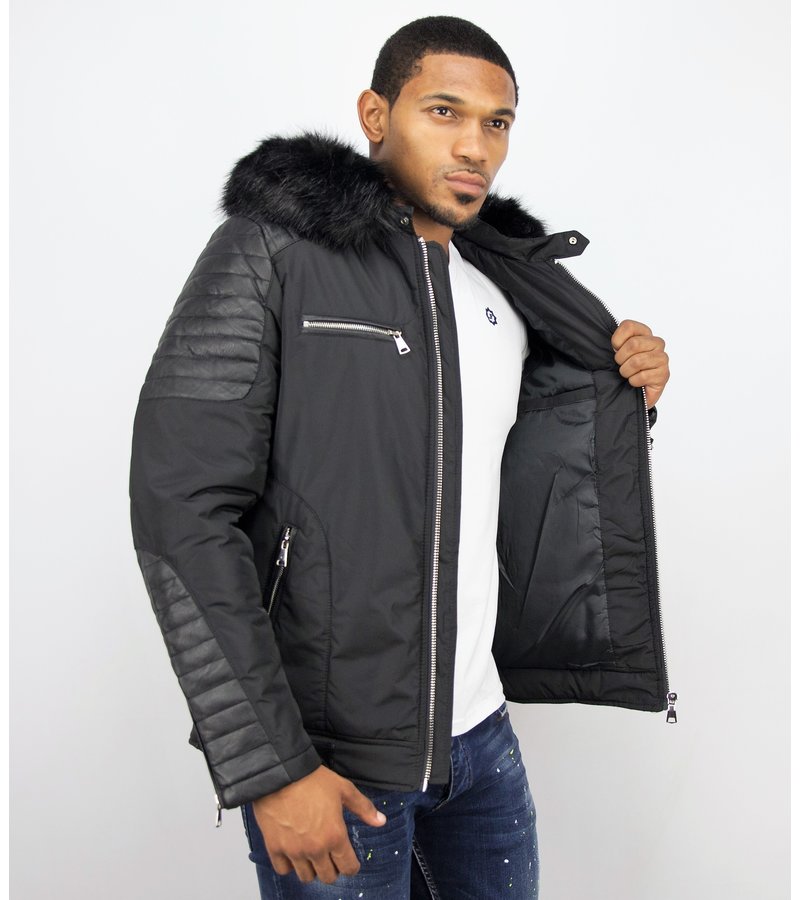 Enos Padded Leather Arm Winter Coat - Black