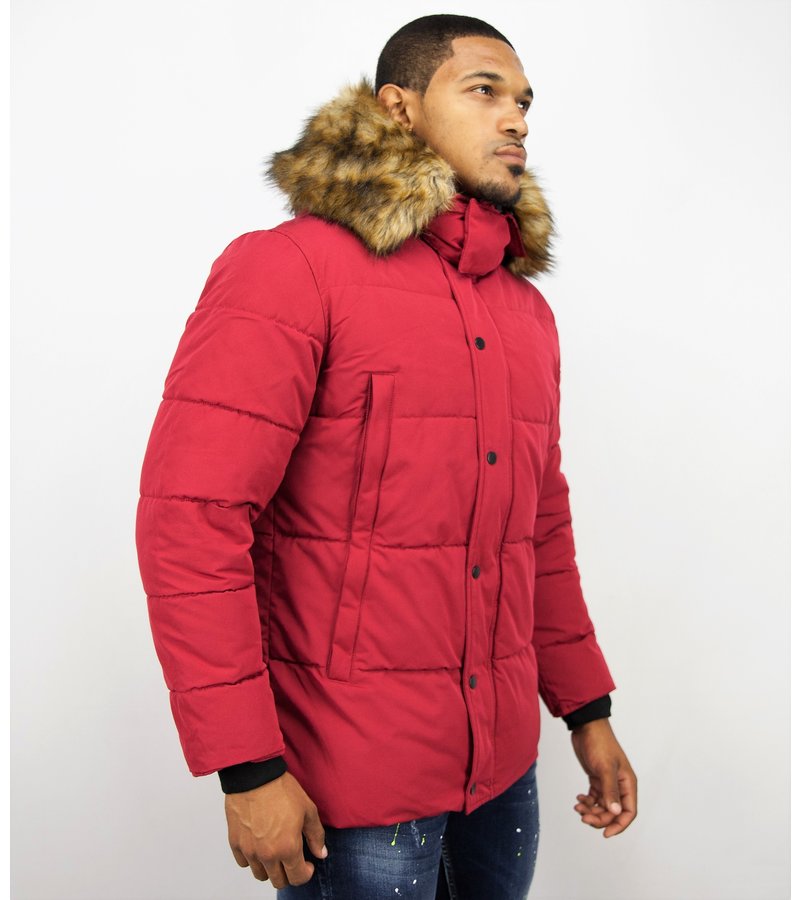 Enos Men Winter Coat With Faux Fur Collar - Red