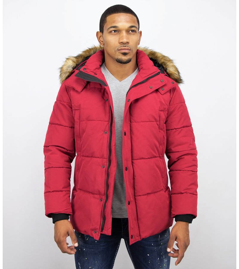 Enos Men Winter Coat With Faux Fur Collar - Red