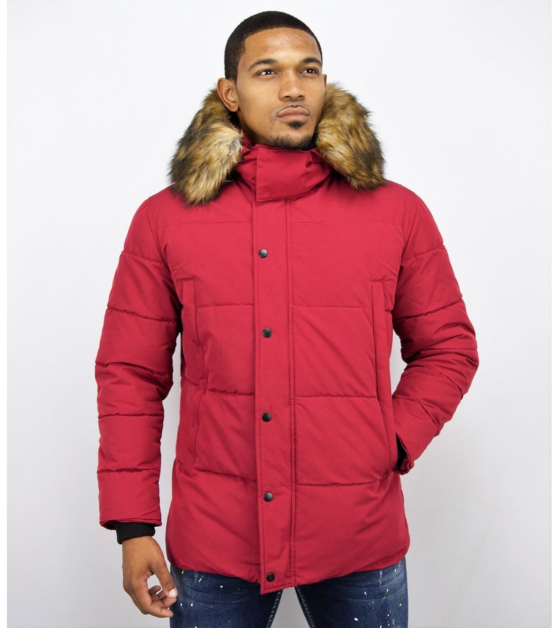 Enos Men Winter Coat With Faux Fur Collar - Red