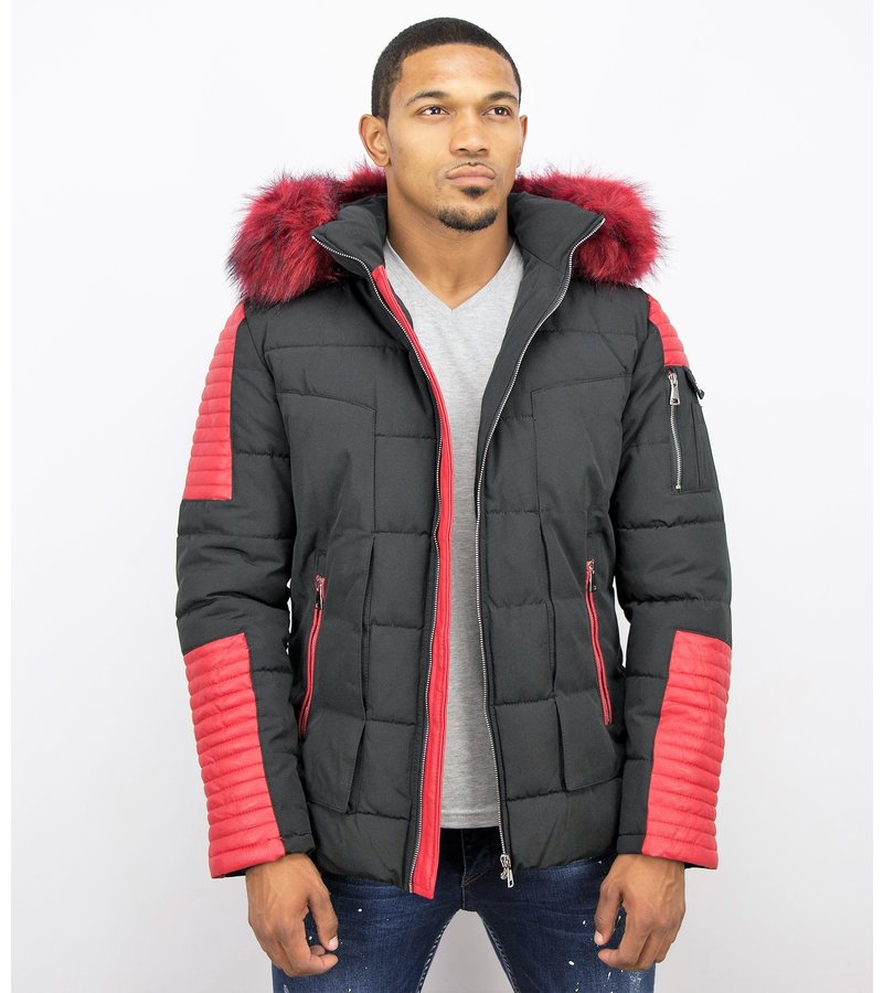 Enos Leather Arm Winter Coat - Black\Red