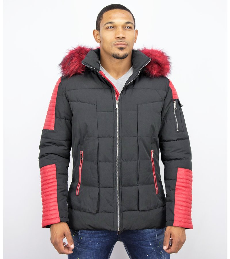 Enos Leather Arm Winter Coat - Black\Red