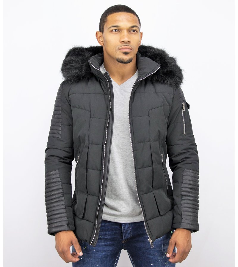 Enos Leather Arm Winter Coat Full Black