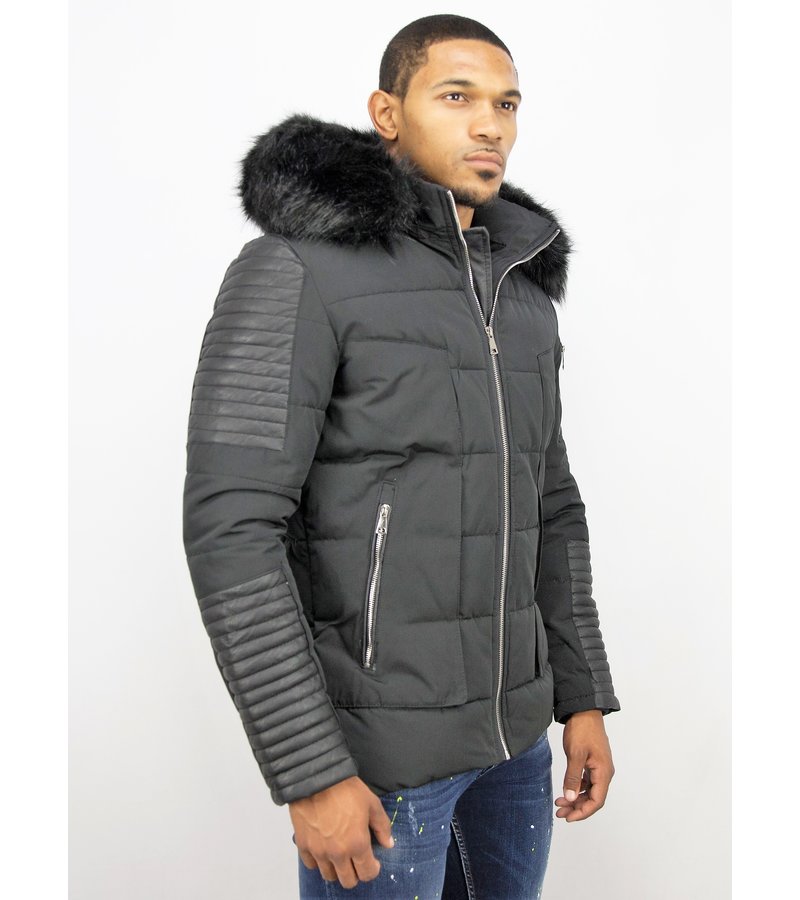 Enos Leather Arm Winter Coat Full Black