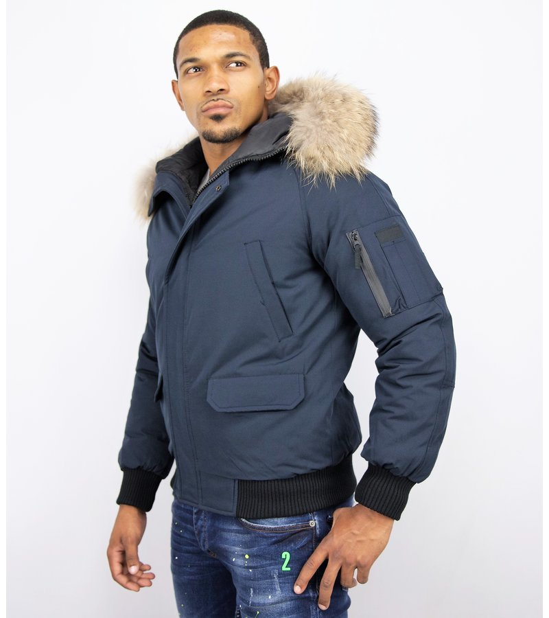 Enos Short Winter Jacket Real Fur Collar - Blue