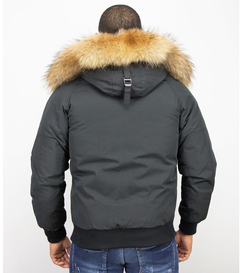 Enos Short Winter Jacket Real Fur Collar - Black