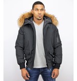 Enos Short Winter Jacket Real Fur Collar - Black