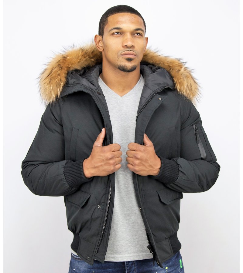 Enos Short Winter Jacket Real Fur Collar - Black