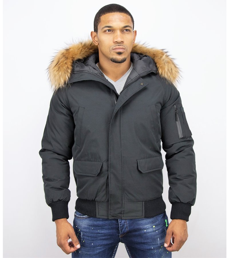 Enos Short Winter Jacket Real Fur Collar - Black