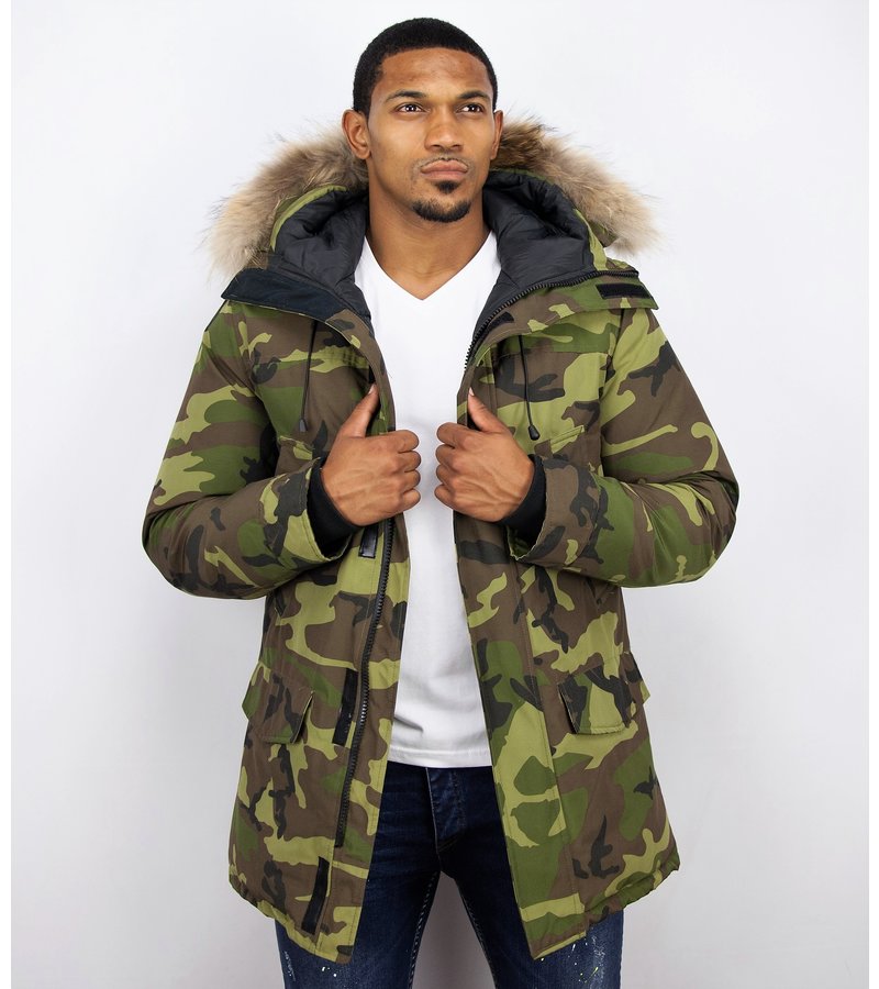 Y chromosome Fur Collar Coat - Men Winter Coat Long - Exclusive Camouflage Parka