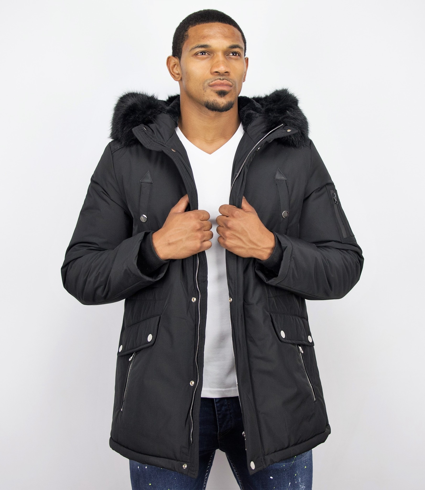 Enos Winter Coats - Men Winter Jacket Long - Faux Fur - Exclusive Button  Parka - Black 
