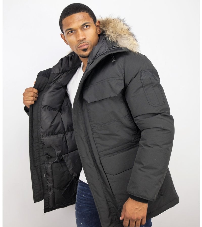 Beluomo Fur Collar Coat - Men Winter Coat Long - Expedition Parka - Black