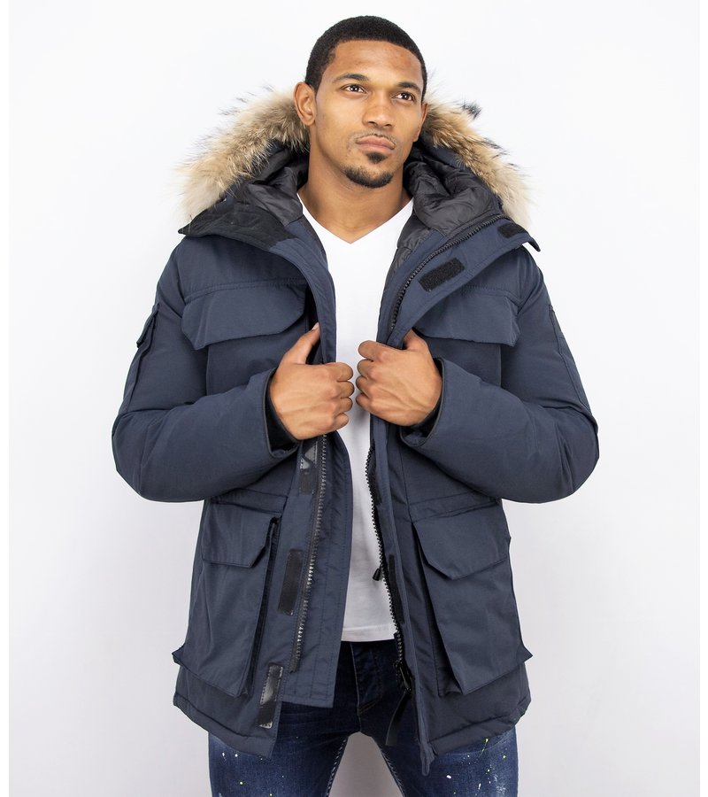 Beluomo Fur Collar Coat - Men Winter Coat Long - Expedition Parka - Blue