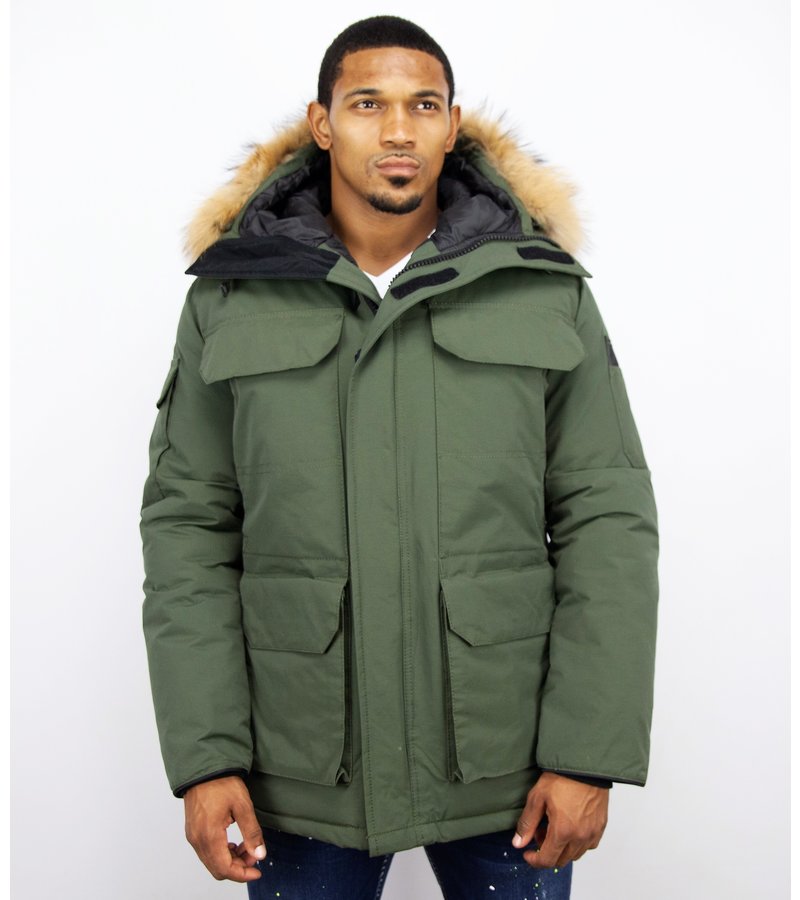 Beluomo Fur Collar Coat - Men Winter Coat Long - Expedition Parka - Green