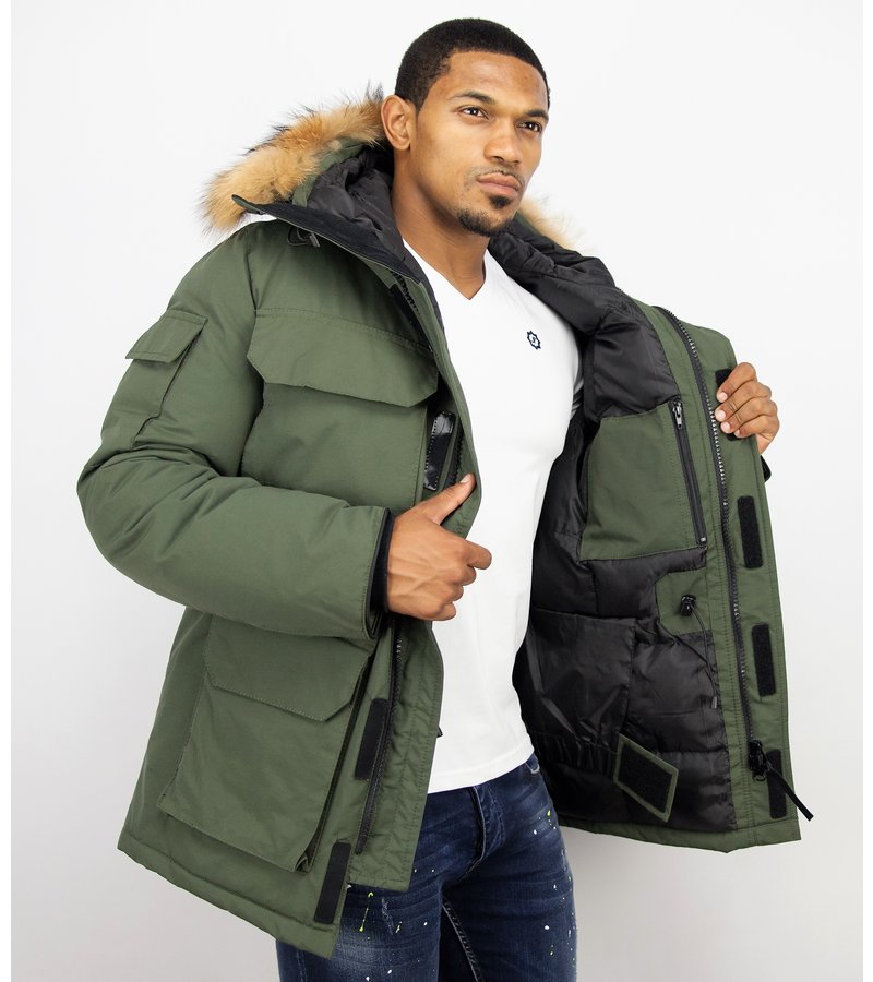 Beluomo Fur Collar Coat - Men Winter Coat Long - Expedition Parka - Green